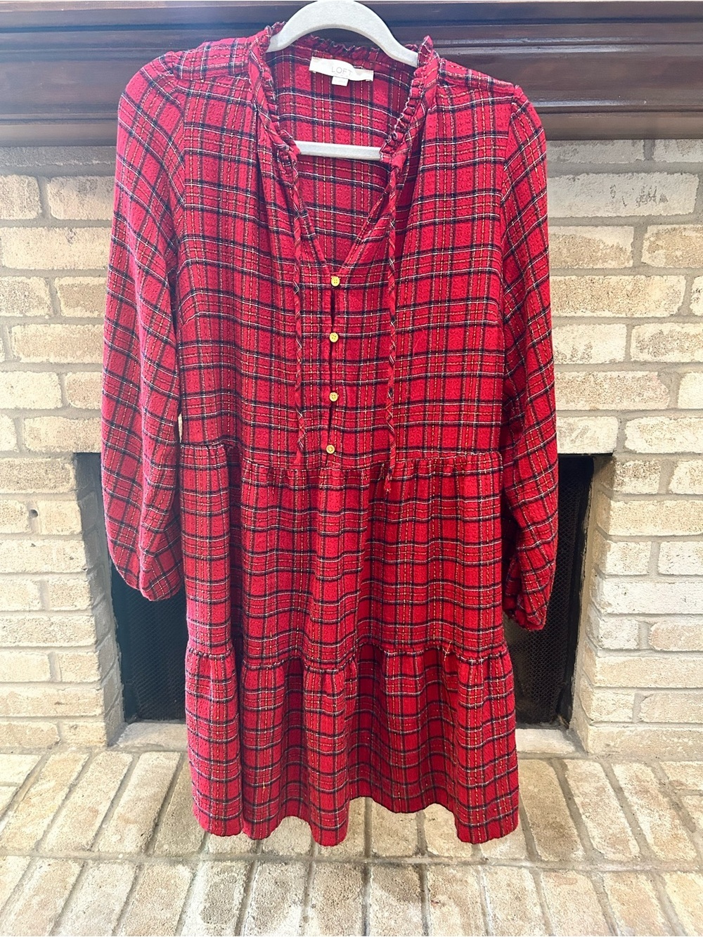 Loft Red Plaid Tiered Button Front Dress EUC